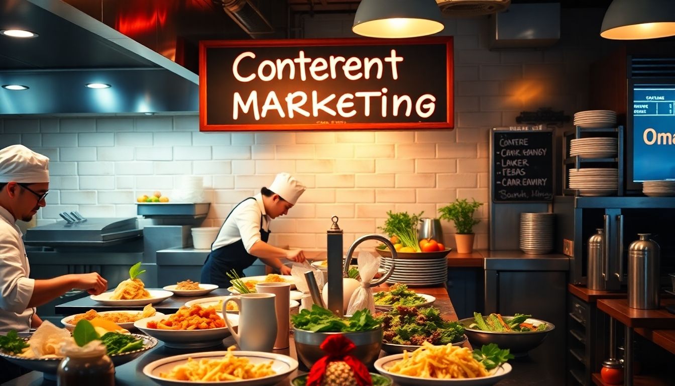 Chefs in a restaurant kitchen with a content marketing menu.