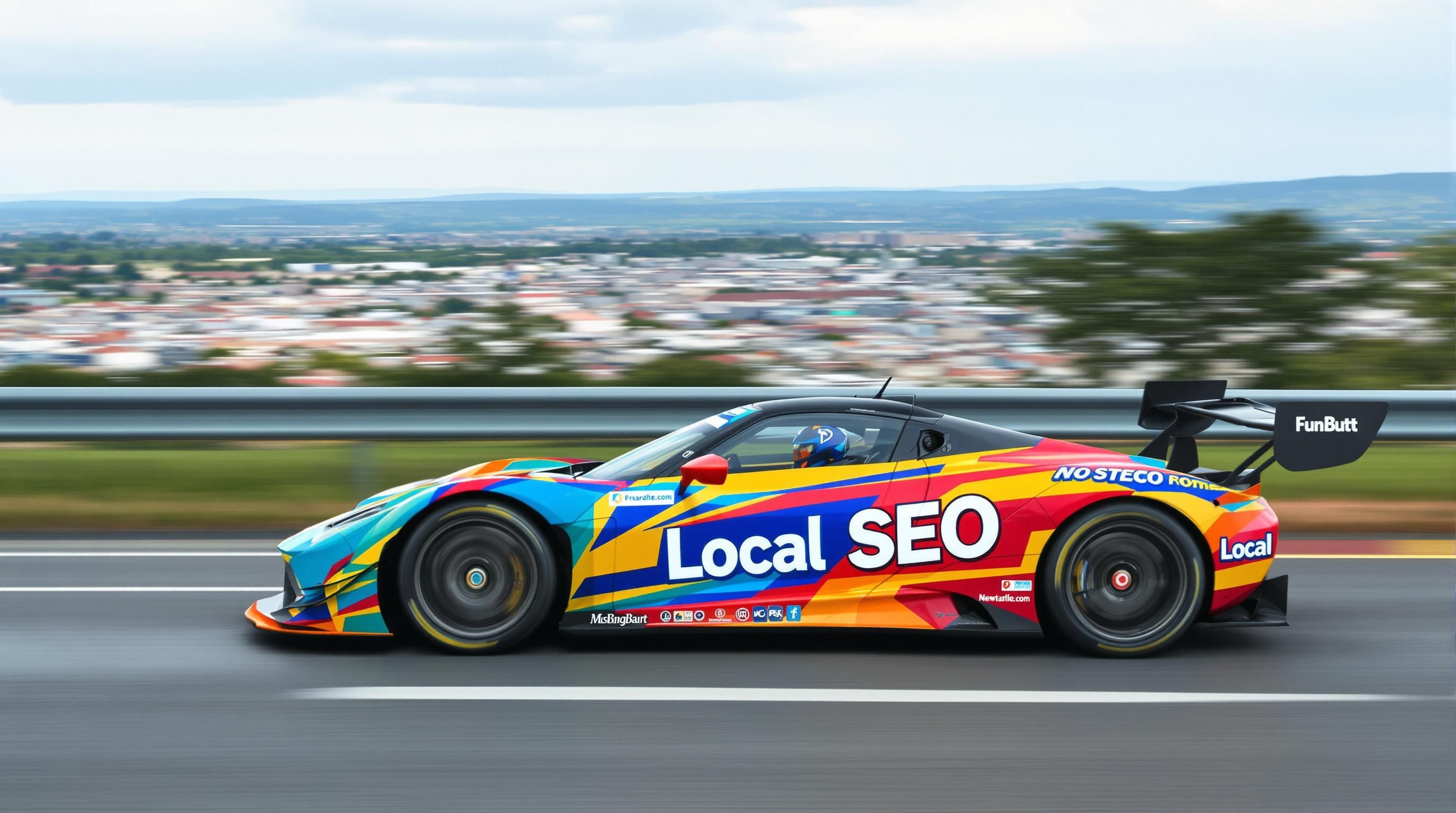 Race car with 'Local SEO' speeding through a city.