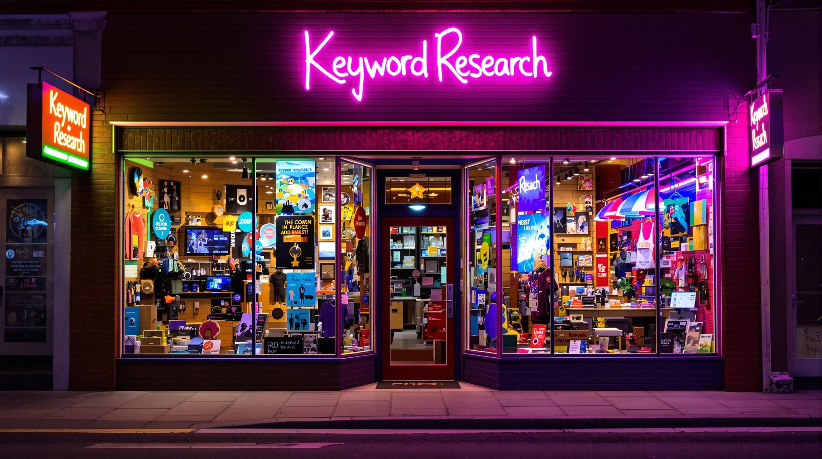 Omaha store with neon 'Keyword Research' sign.