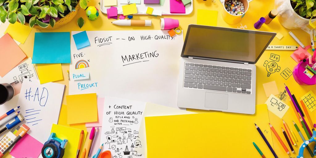 Creative workspace with laptop and materials for content quality.