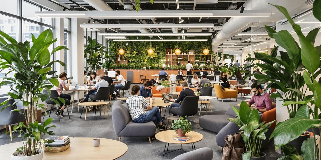 Collaborative office space with engaged employees and technology.