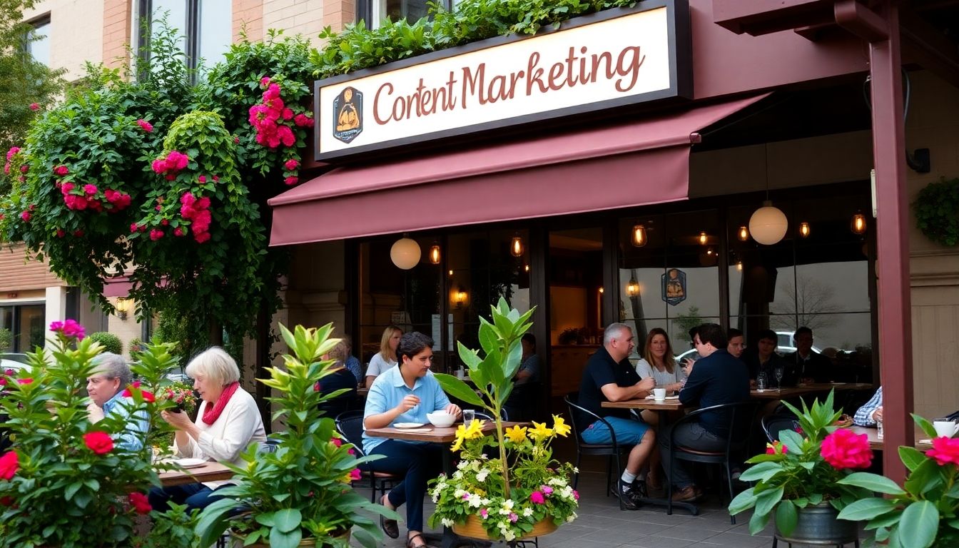 Outdoor restaurant in Omaha with 'Content Marketing' sign.