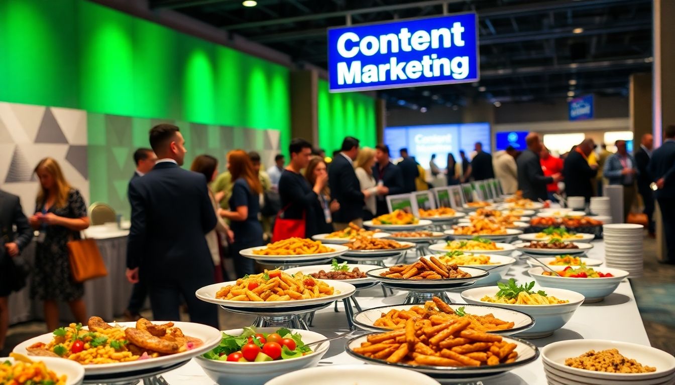 Catering food display at a convention with attendees enjoying.