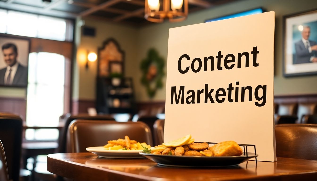 Inside a restaurant with a menu titled 'Content Marketing'.