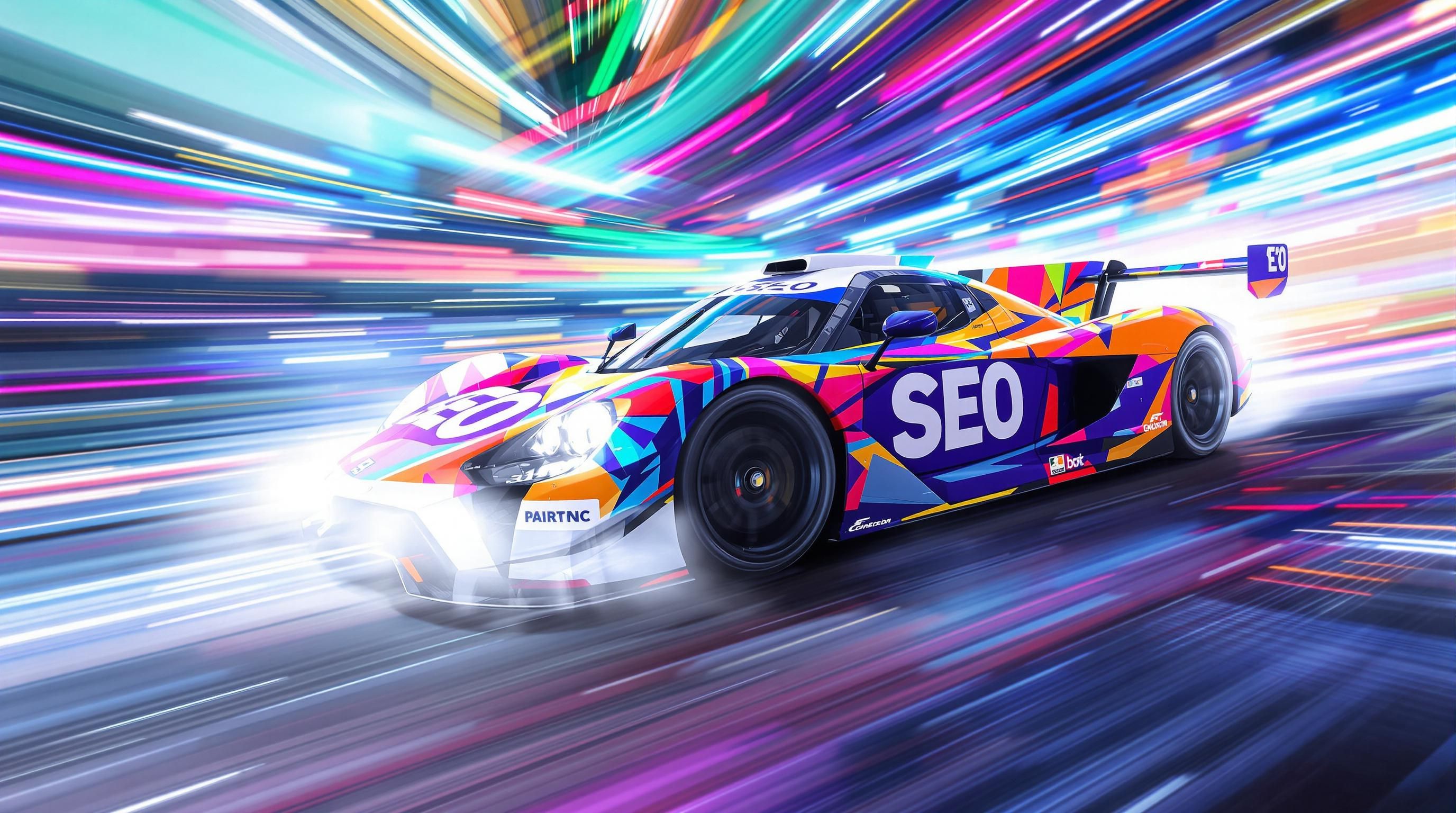 Race car with 'SEO' lettering speeding through a vibrant scene.