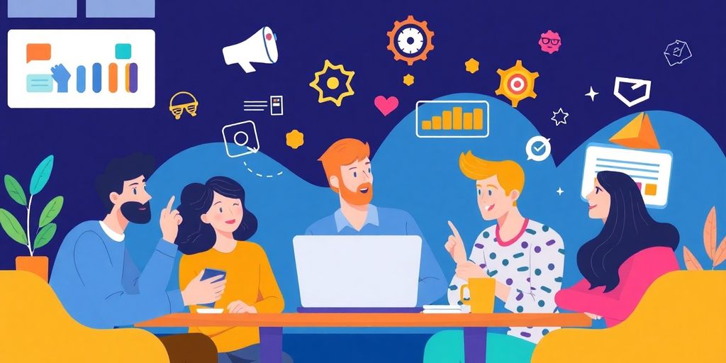 Team collaborating on SEO strategies in a vibrant setting.