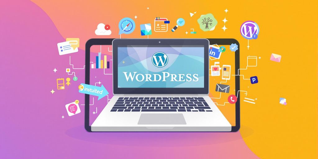 Laptop displaying WordPress interface with colorful design elements.