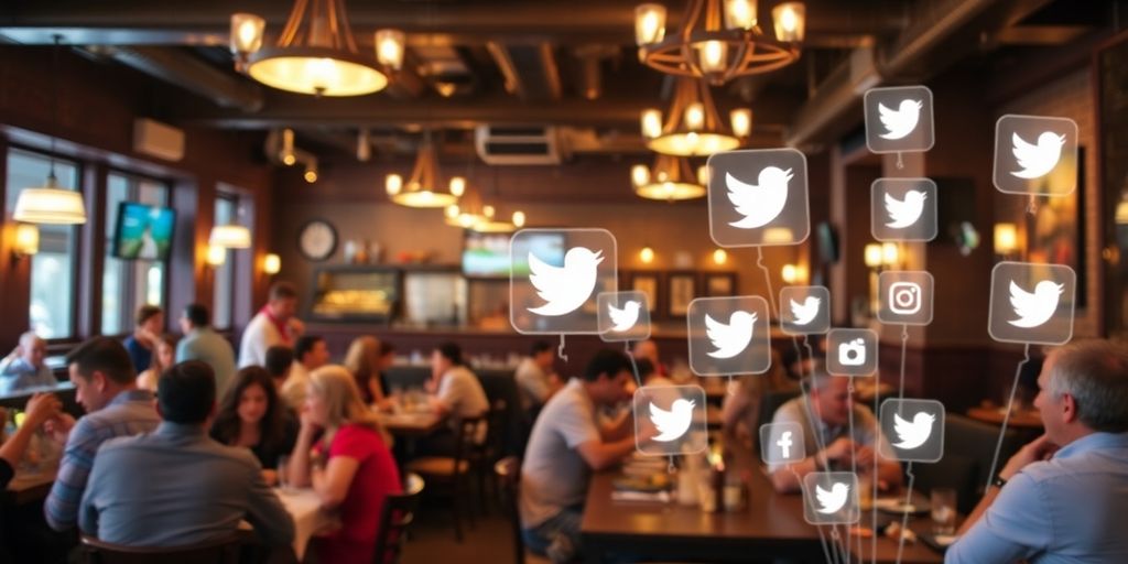 Vibrant restaurant scene in Omaha with social media elements.