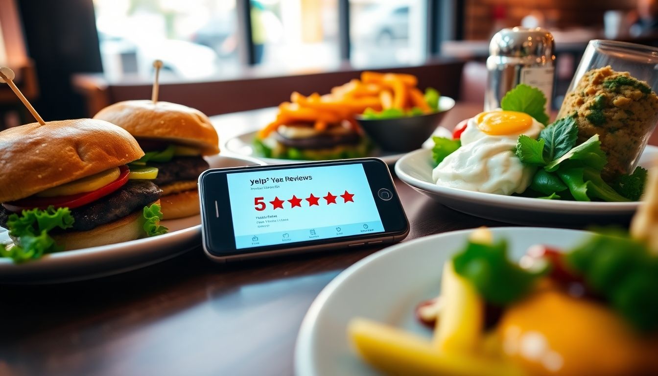 5-star Yelp review on a smartphone with food.