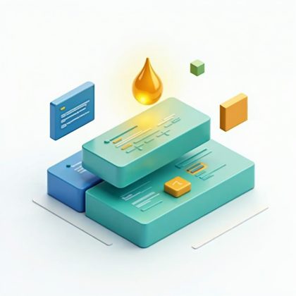 Blue, teal and green building blocks forming a page layout with a golden drop above, for Drupal sites