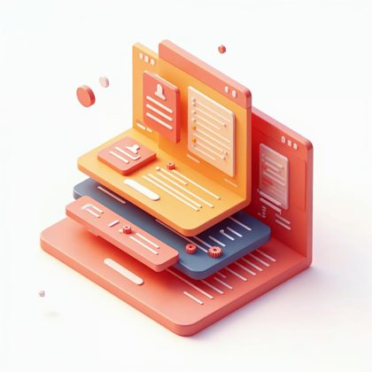 Orange and red illustration of stacked website panels with menus and article cards, for Joomla sites