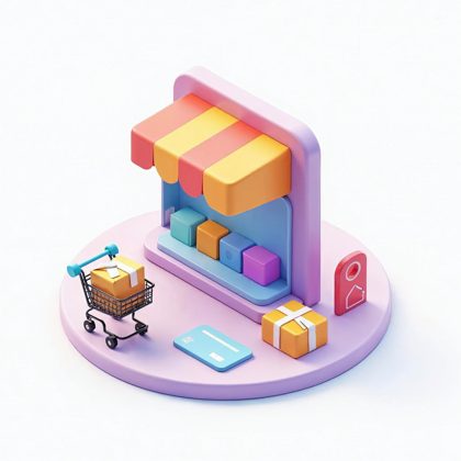 Purple illustration of an online store with product tiles, a cart and a shipping box, for online stores