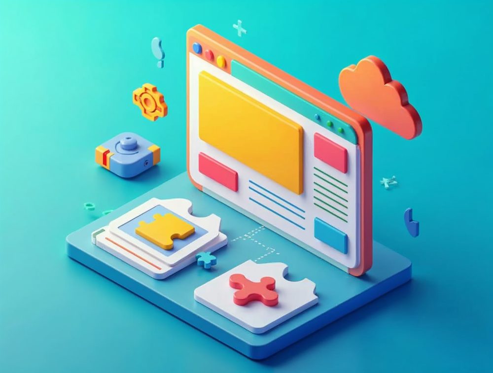 Colorful illustration of a WordPress style page editor with a yellow banner block, plugin puzzle pieces and a cloud on a blue background