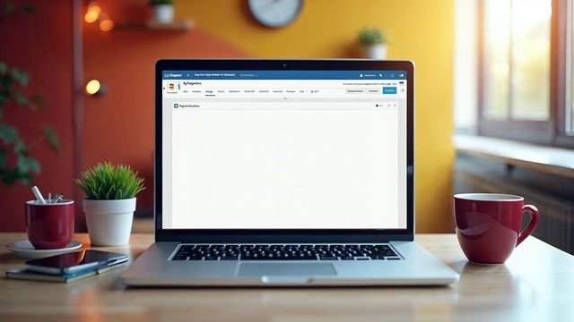 A laptop on a desk showing a page editor with one large title bar and smaller section bars, set in a bright office