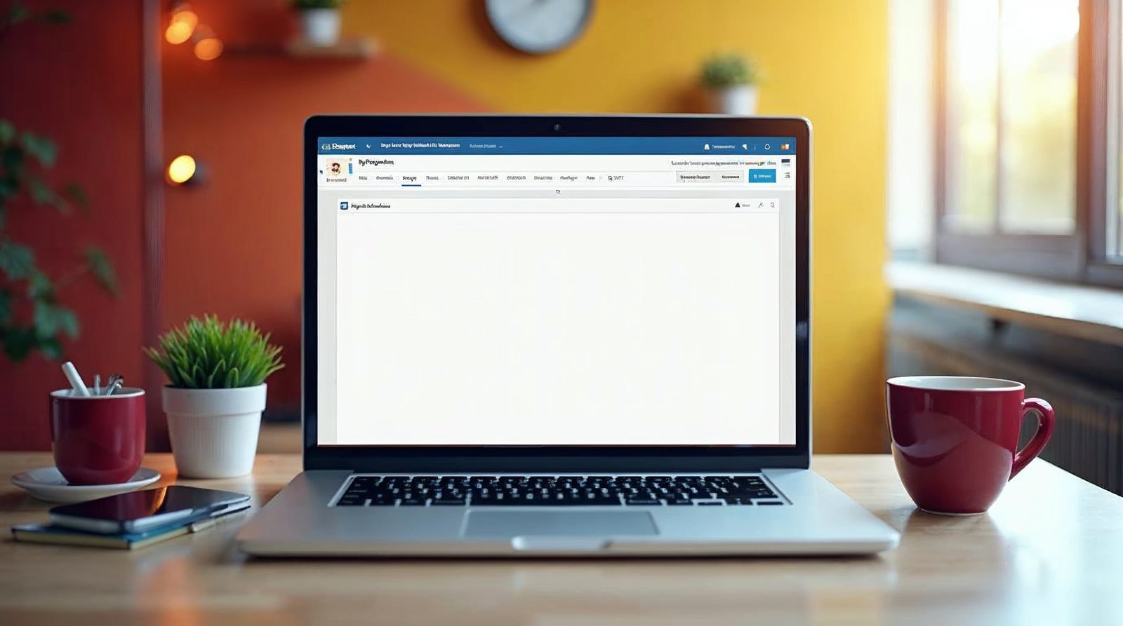 A laptop on a desk showing a page editor with one large title bar and smaller section bars, set in a bright office