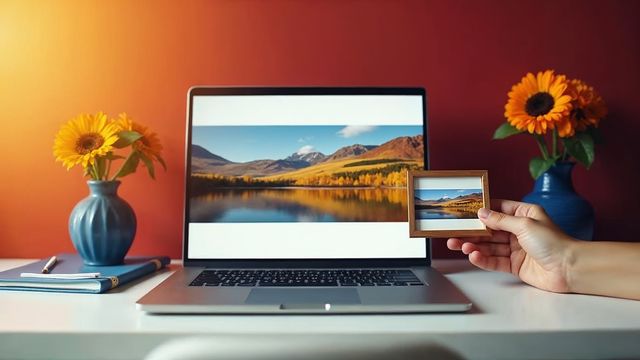 A laptop on a desk showing a web page with a photo placeholder while a hand holds a small framed landscape picture