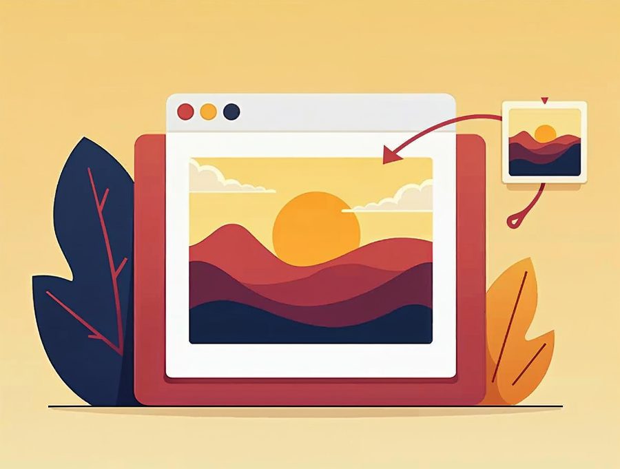 Illustration of a browser window with a framed picture of a sun over hills and an arrow pointing to it
