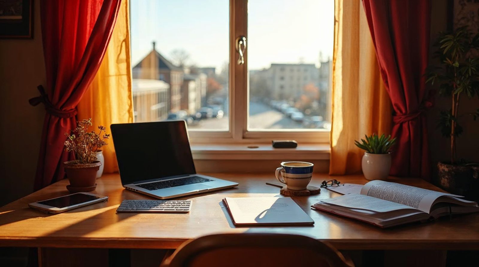 A bright desk with a laptop, notebook, coffee and a stack of articles for the Websnoogie blog