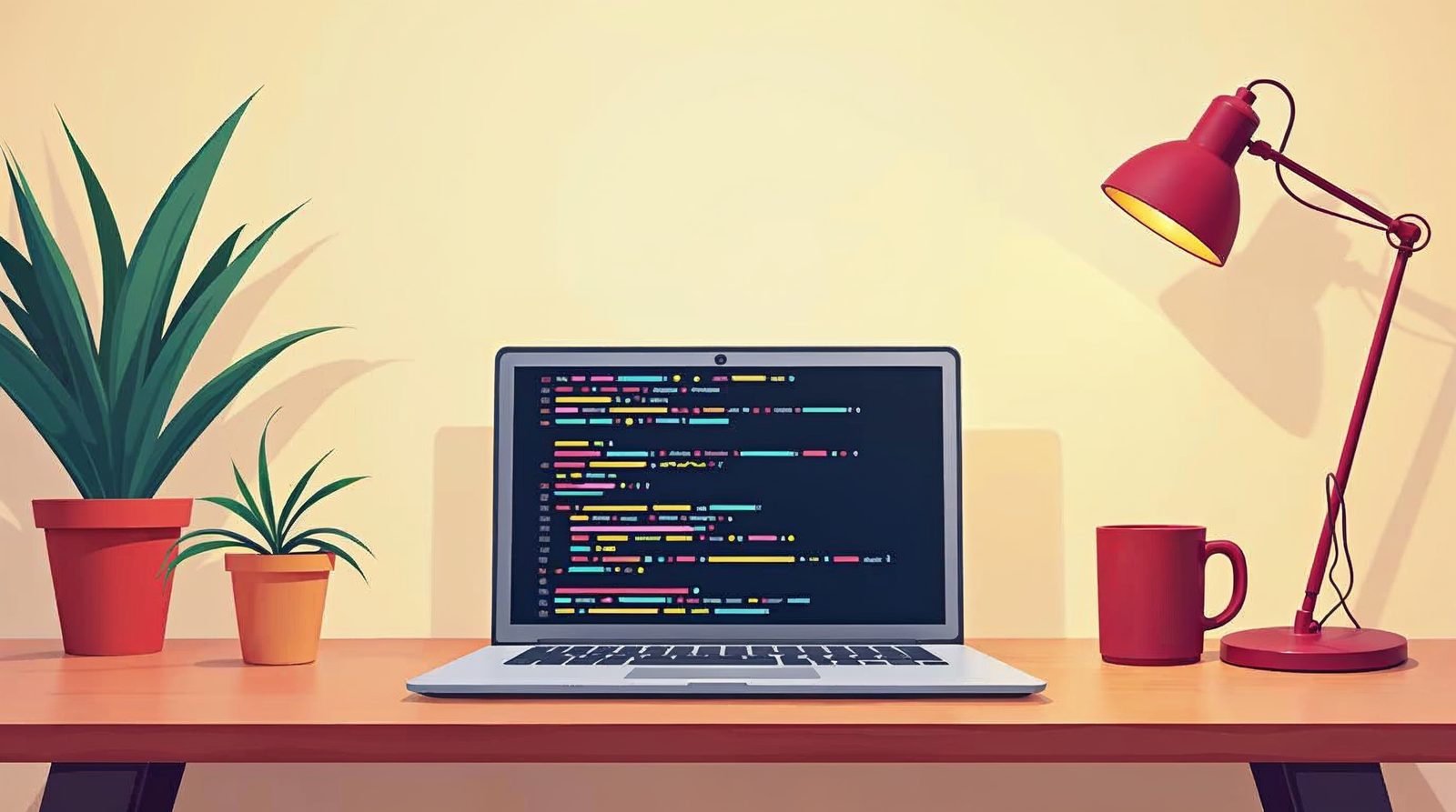 A laptop on a bright desk showing colorful lines of HTML code beside a mug and a plant