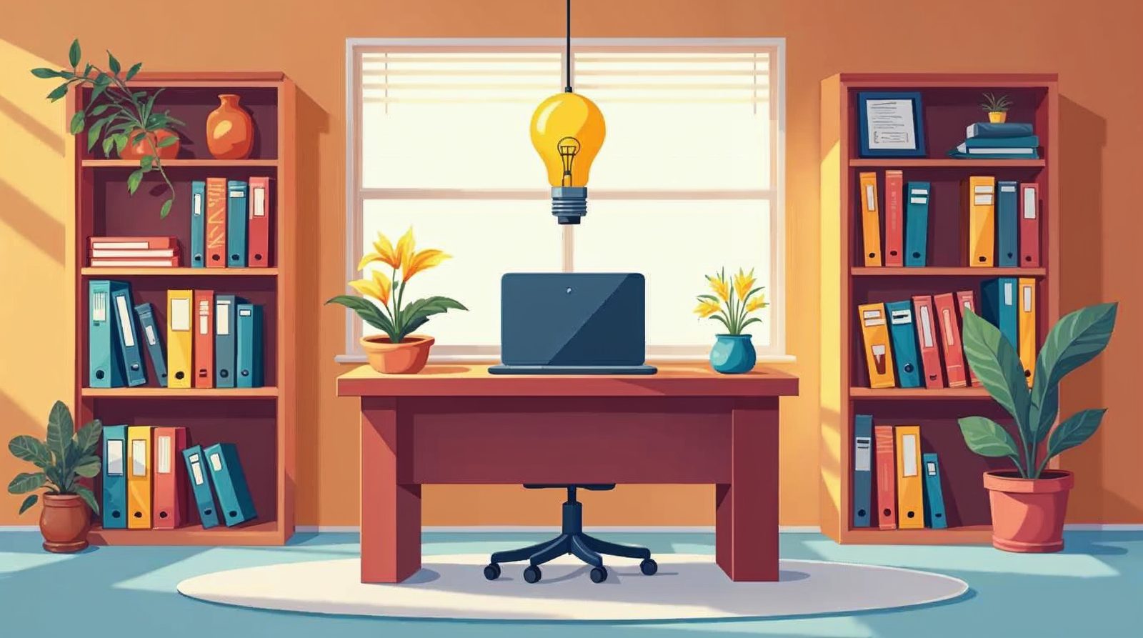 Colorful binders on a shelf beside a laptop showing a help center with a lightbulb above it