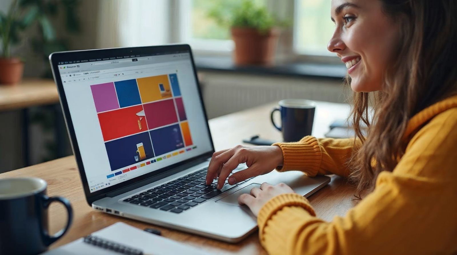 A beginner using a page editor on a laptop and dragging a photo block into place