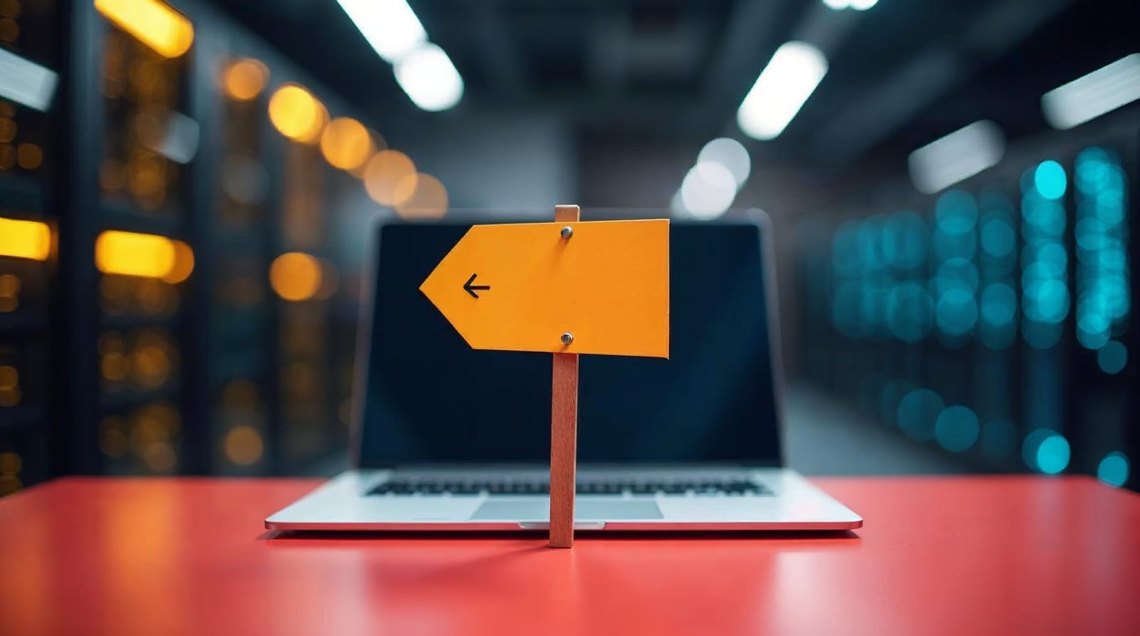 A laptop on a desk with a signpost pointing two arrows toward a server rack, showing a domain pointed to hosting