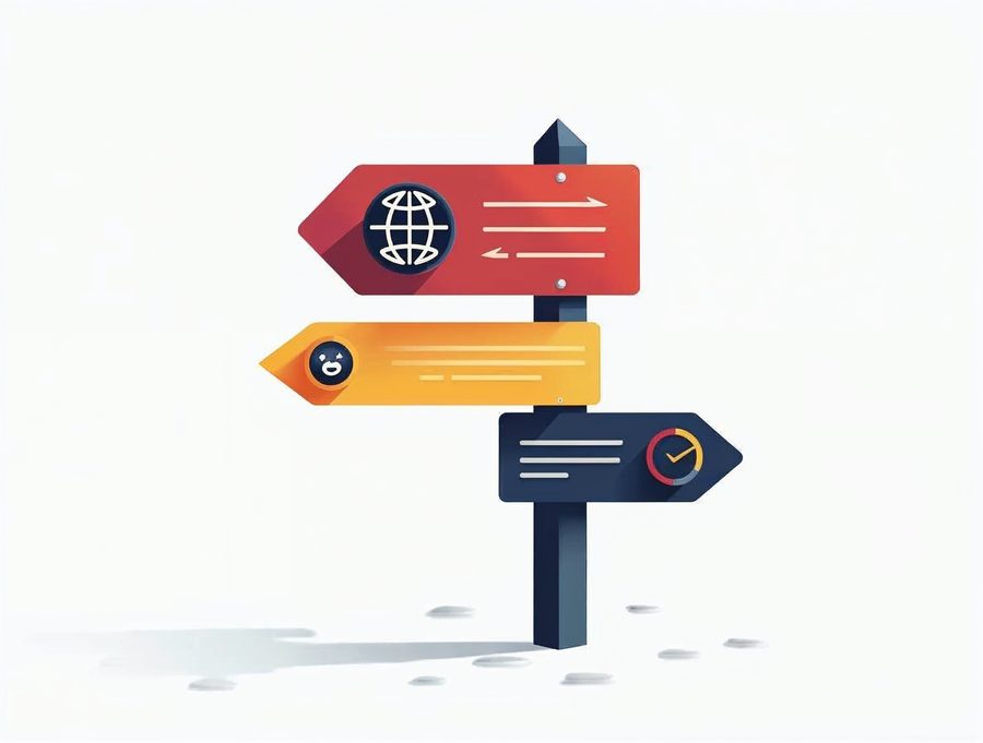 Flat illustration of a signpost with arrows leading from a globe to a server, showing how name servers direct visitors