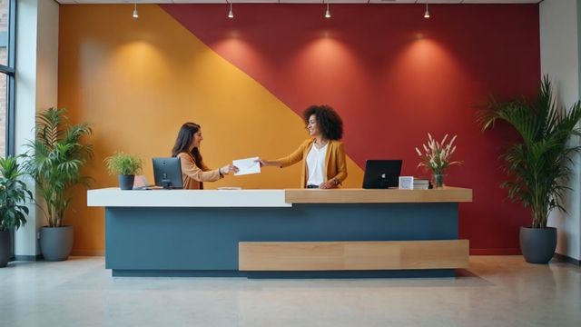 A hand handing an envelope to a smiling receptionist at a bright office front desk, showing how to pay for web hosting in person
