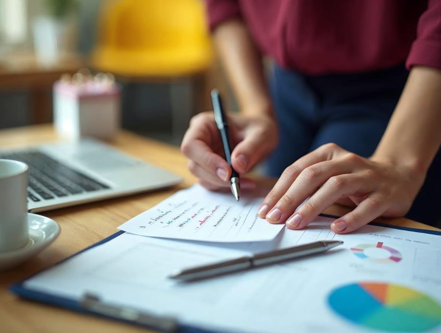 A hand holding a paper check and pen at a desk with a laptop and calendar, ready to pay a hosting bill offline