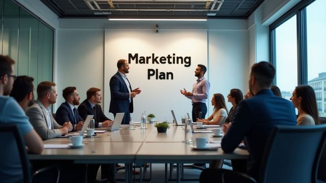 Conference room with people discussing a marketing plan.