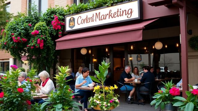 Outdoor restaurant in Omaha with 'Content Marketing' sign.