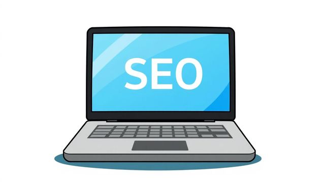 Cartoon laptop with SEO displayed on the screen.