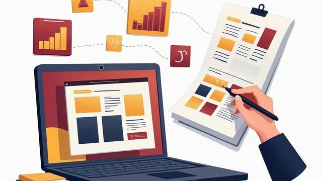 Laptop showing a website layout beside a designer sketching a page plan with colour swatches