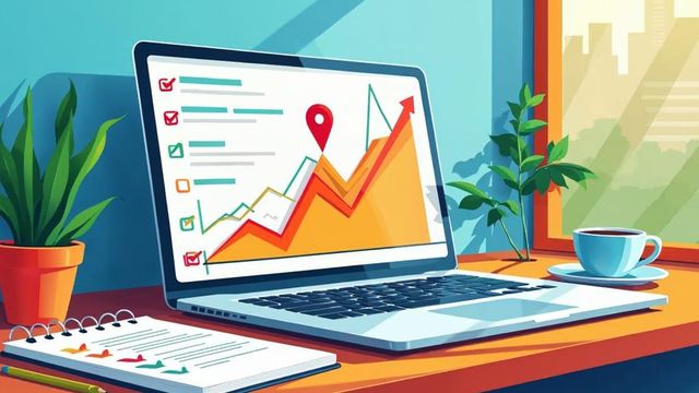 A colorful illustration of a laptop showing a rising chart and a map pin beside a notebook with a checklist
