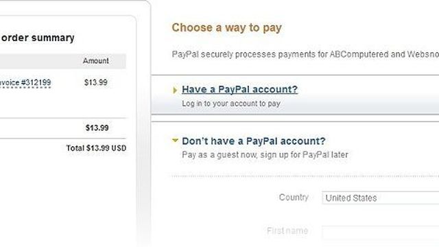 PayPal checkout screen showing a Websnoogie order summary and the choose a way to pay options