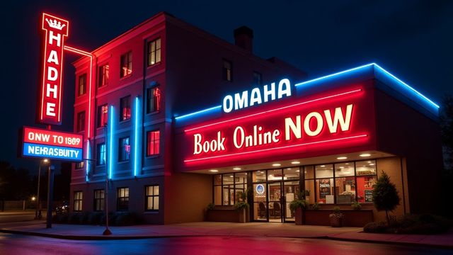 Omaha hotel with neon sign 'Book Online Now'.
