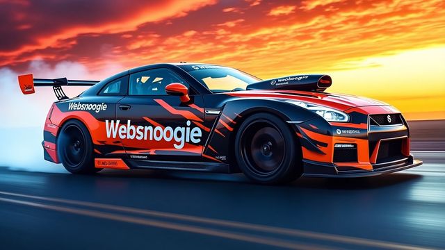 Race car with 'Websnoogie' logo in motion.
