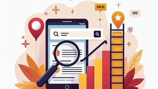 Smartphone search page with a magnifying glass, a rising bar chart and a ladder to the top search result