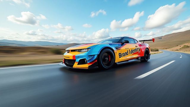 Race car with 'Brand Identity' on the side.