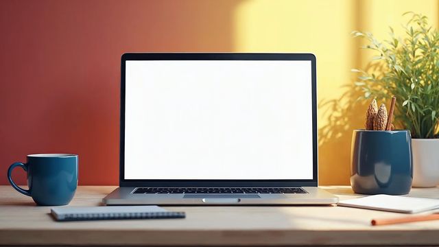 Laptop on a tidy desk showing an empty blog post editor, ready for a new WordPress post to be written