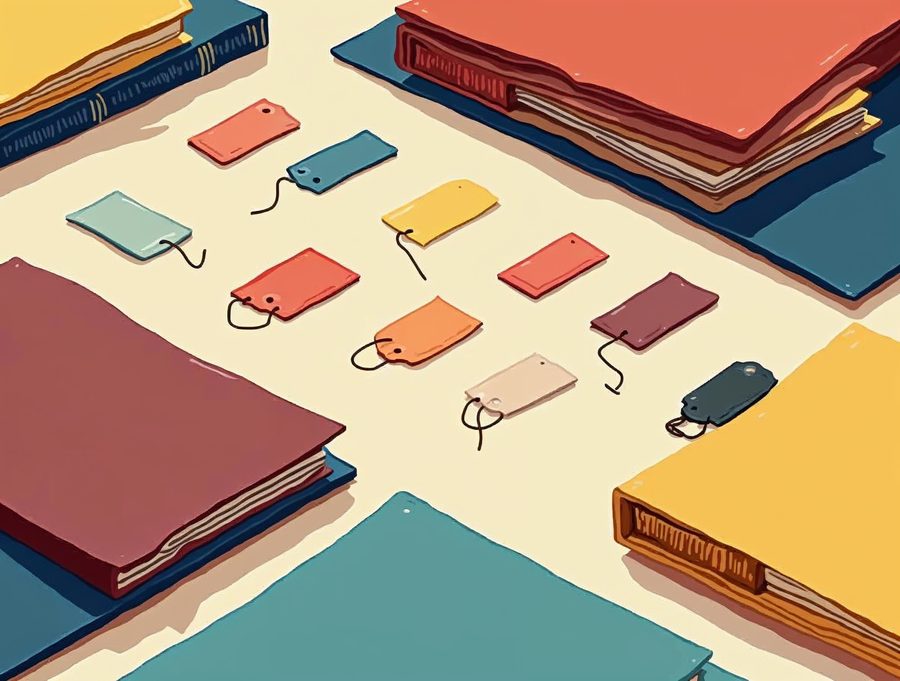 Colorful folders and tag shapes sorted into groups, showing how categories and tags organise blog posts