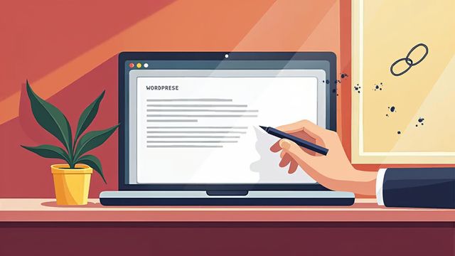 Illustration of a laptop on a desk with a highlighted line of text and golden chain links floating beside it