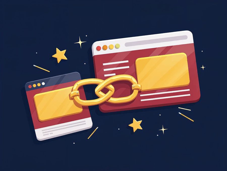 Illustration of two web pages connected by a golden chain link, showing a link between pages of one website