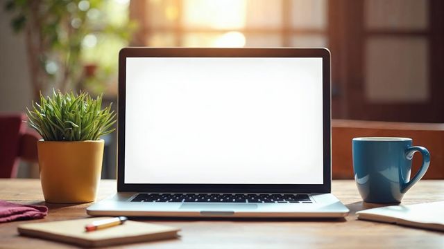 A laptop on a bright desk showing an empty page editor, with a notebook and coffee mug beside it, ready to add a new page
