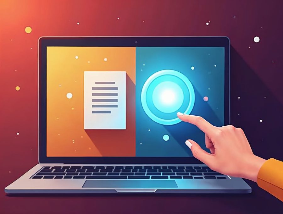 A hand clicking a large blue button on a laptop, with a draft page and a published page shown as two blank cards