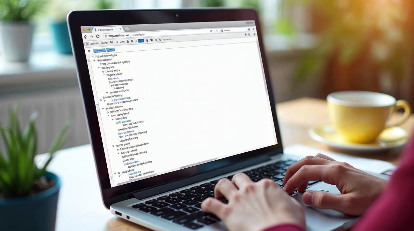 Laptop on a bright desk showing a clean WordPress editor with short blocks of text and a hand on the keyboard