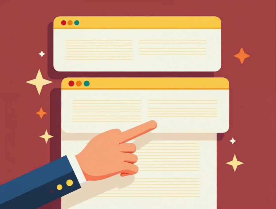 Flat illustration of three separate text blocks on a page with a glowing Enter key, showing how paragraphs split