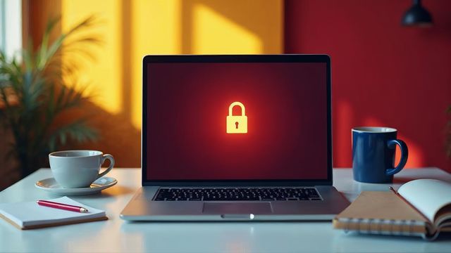 A laptop on a tidy desk with a glowing padlock icon, showing a safe login for a WordPress website