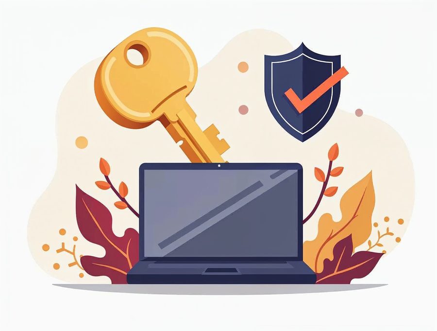 A golden key and a navy shield with a checkmark above a laptop, showing a strong password protecting a website