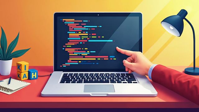 Laptop on a desk showing lines of code while a hand points at the screen, with small and large letter blocks nearby